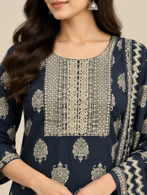 Women’s Navy Blue Cotton Blend Printed Salwar Kurta Dupatta Set