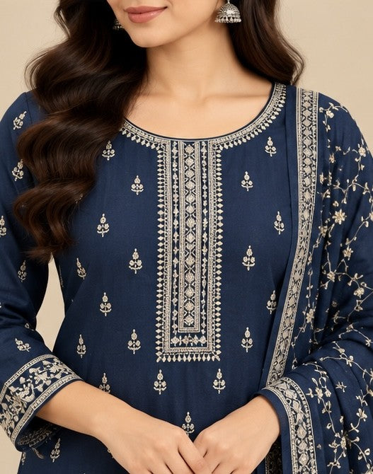 Navy blue silk blend kurta with round neck and decorative printed front panel close-up