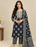 Women’s Navy Blue Cotton Blend Printed Salwar Kurta Dupatta Set