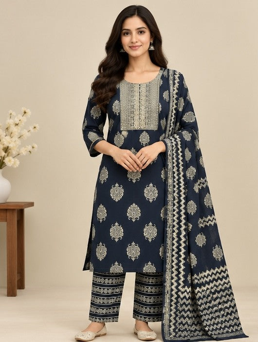 Women’s Navy Blue Cotton Blend Printed Salwar Kurta Dupatta Set