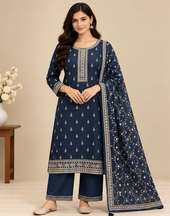 Navy blue silk blend kurta set with dupatta for women front view