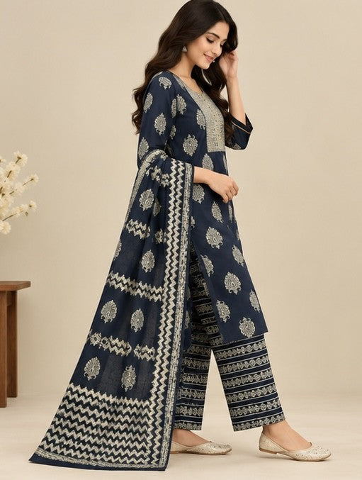 Women’s Navy Blue Cotton Blend Printed Salwar Kurta Dupatta Set