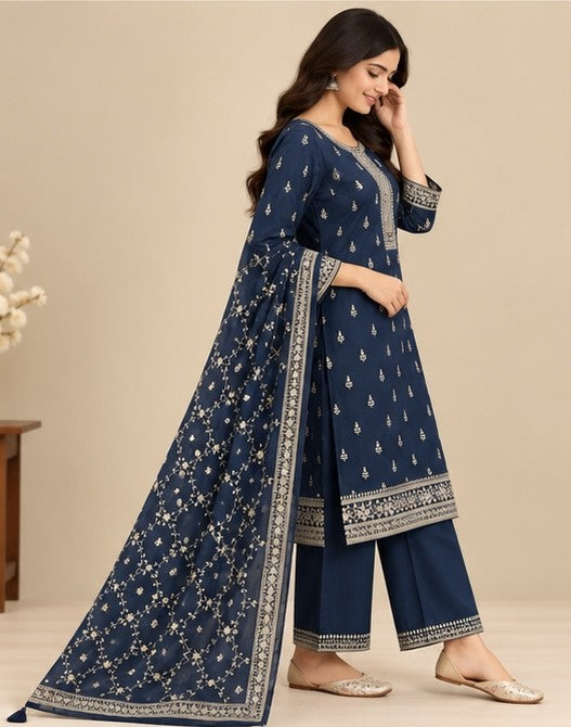 Navy blue silk blend kurta set with printed dupatta side view