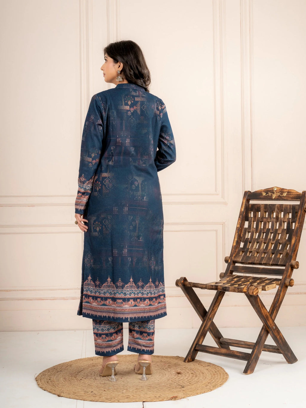 Navy Blue Printed Wool Blend Suit Set with Dupatta
