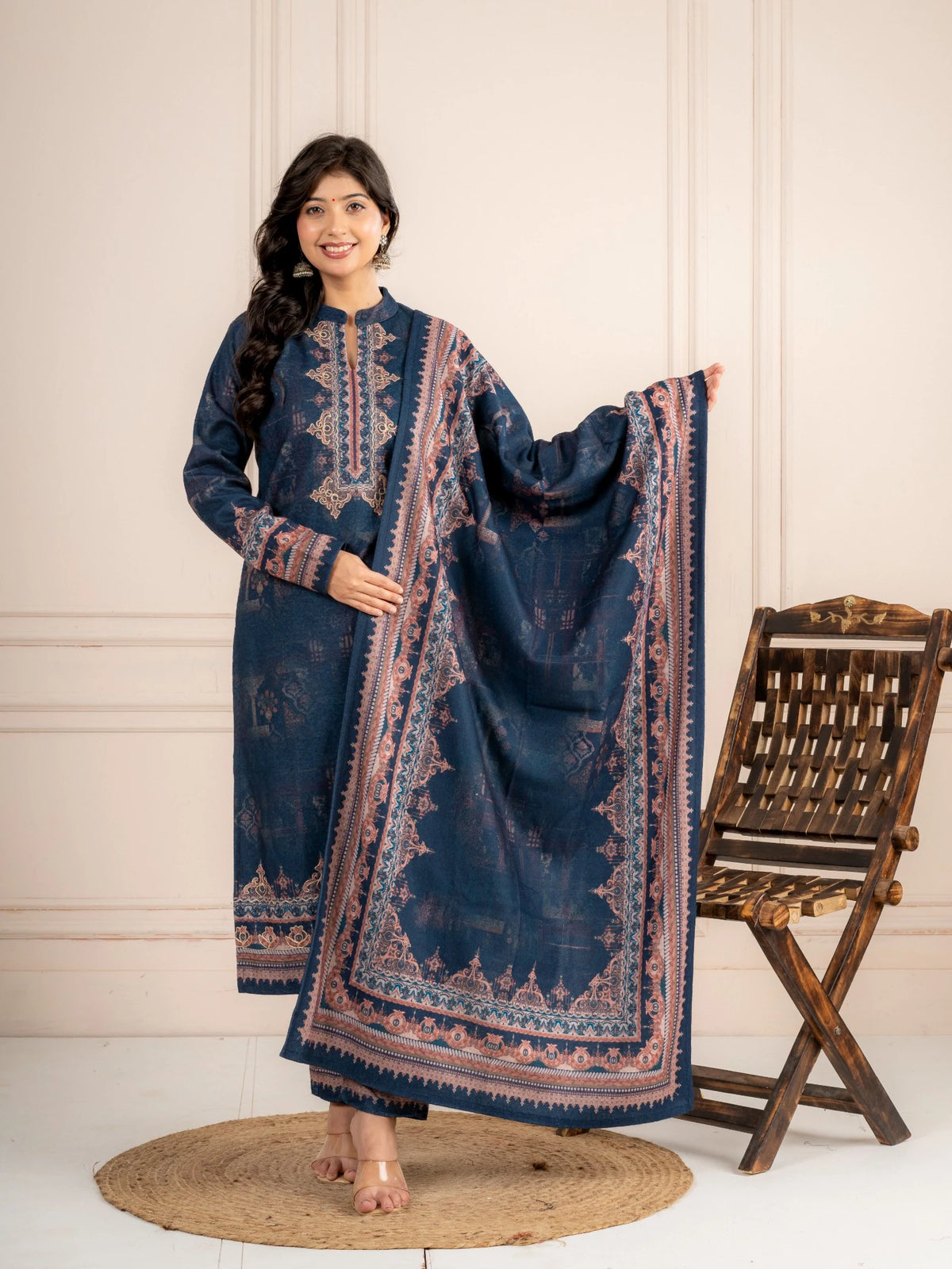 Navy Blue Printed Wool Blend Suit Set with Dupatta