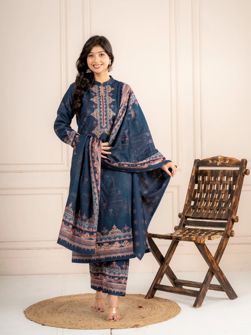 Navy Blue Printed Wool Blend Suit Set with Dupatta