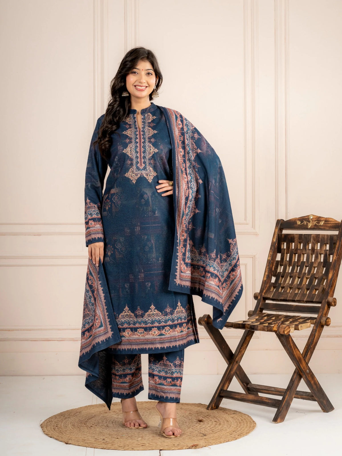 Navy Blue Printed Wool Blend Suit Set with Dupatta