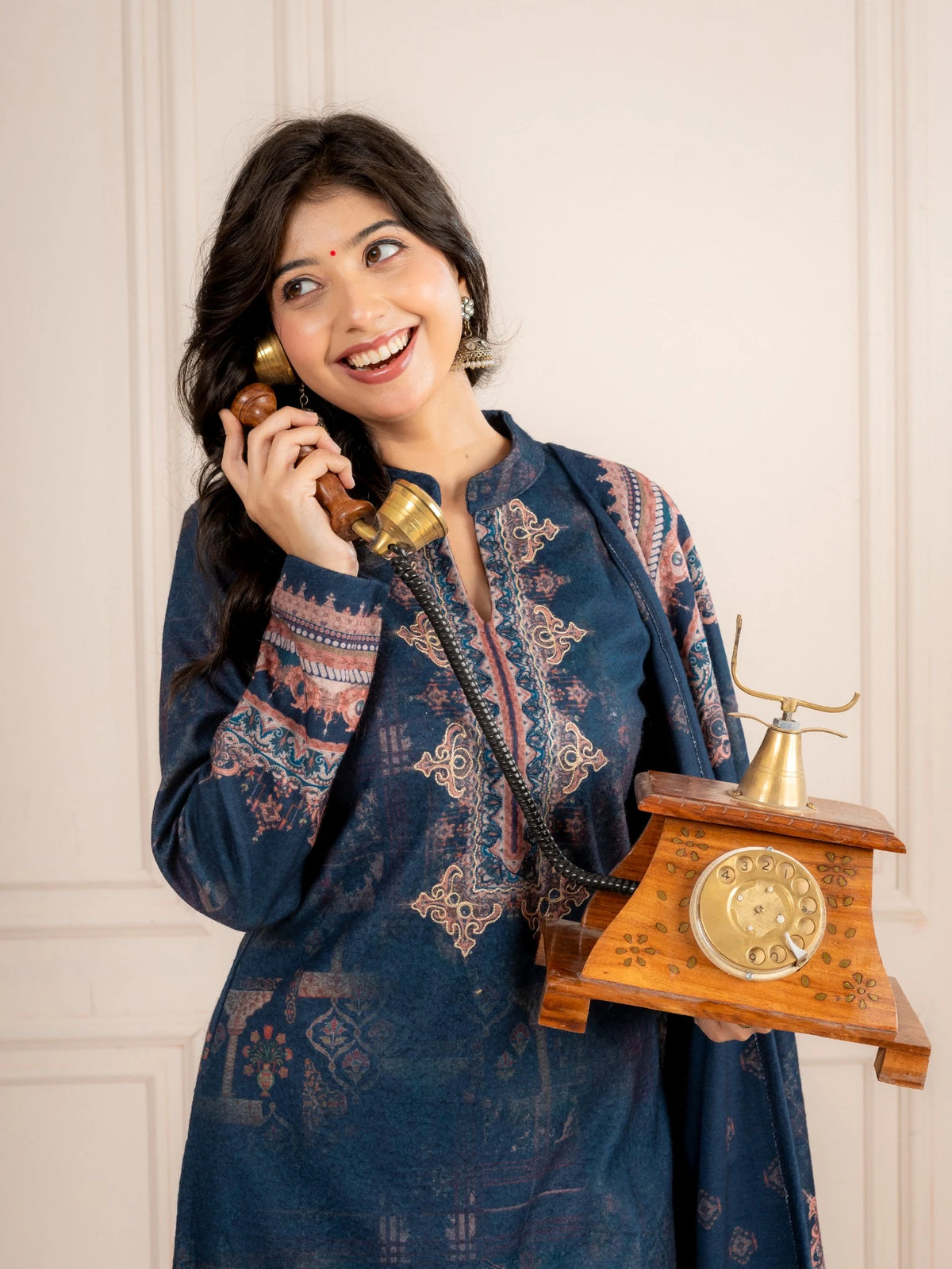 Navy Blue Printed Wool Blend Suit Set with Dupatta