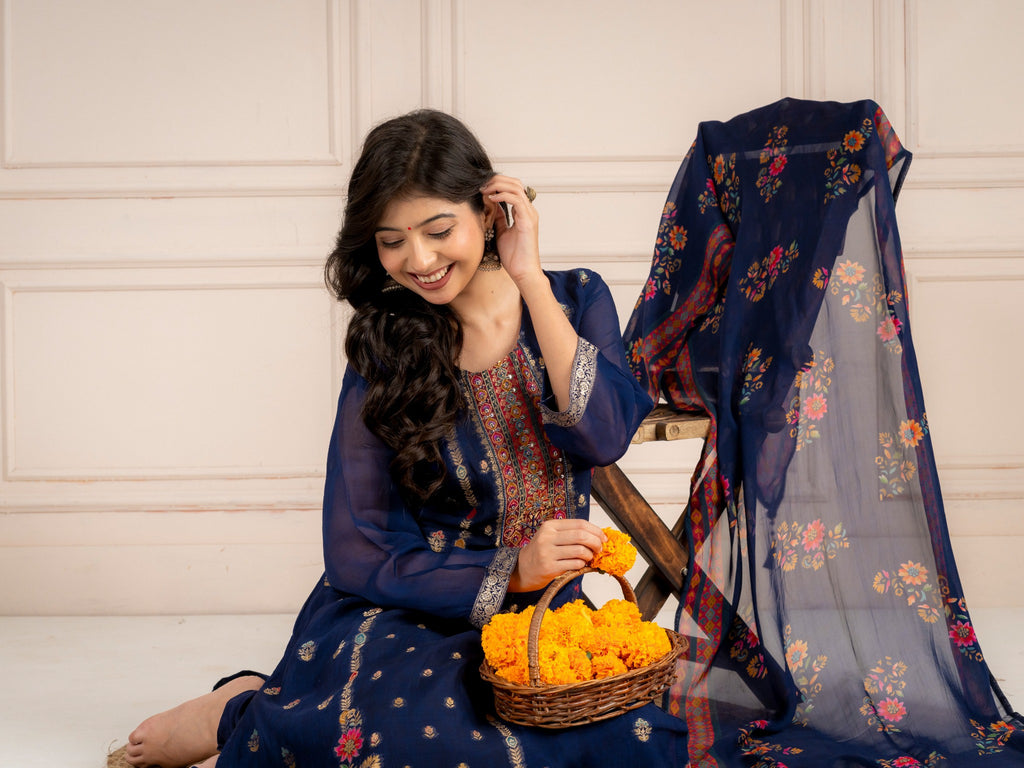Blue Viscose Organza Printed Suit Set with Dupatta for Women
