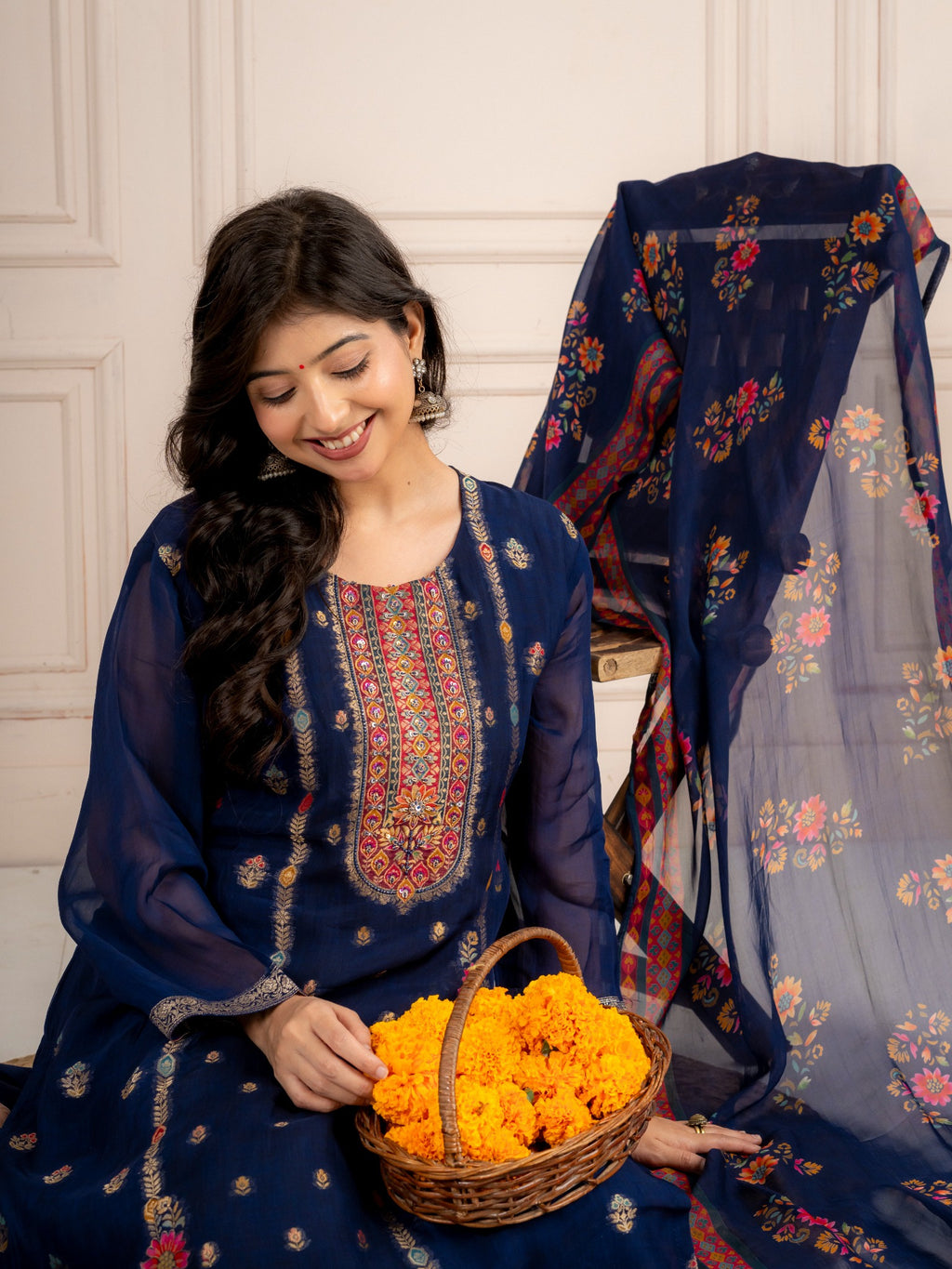 Blue Viscose Organza Printed Suit Set with Dupatta for Women