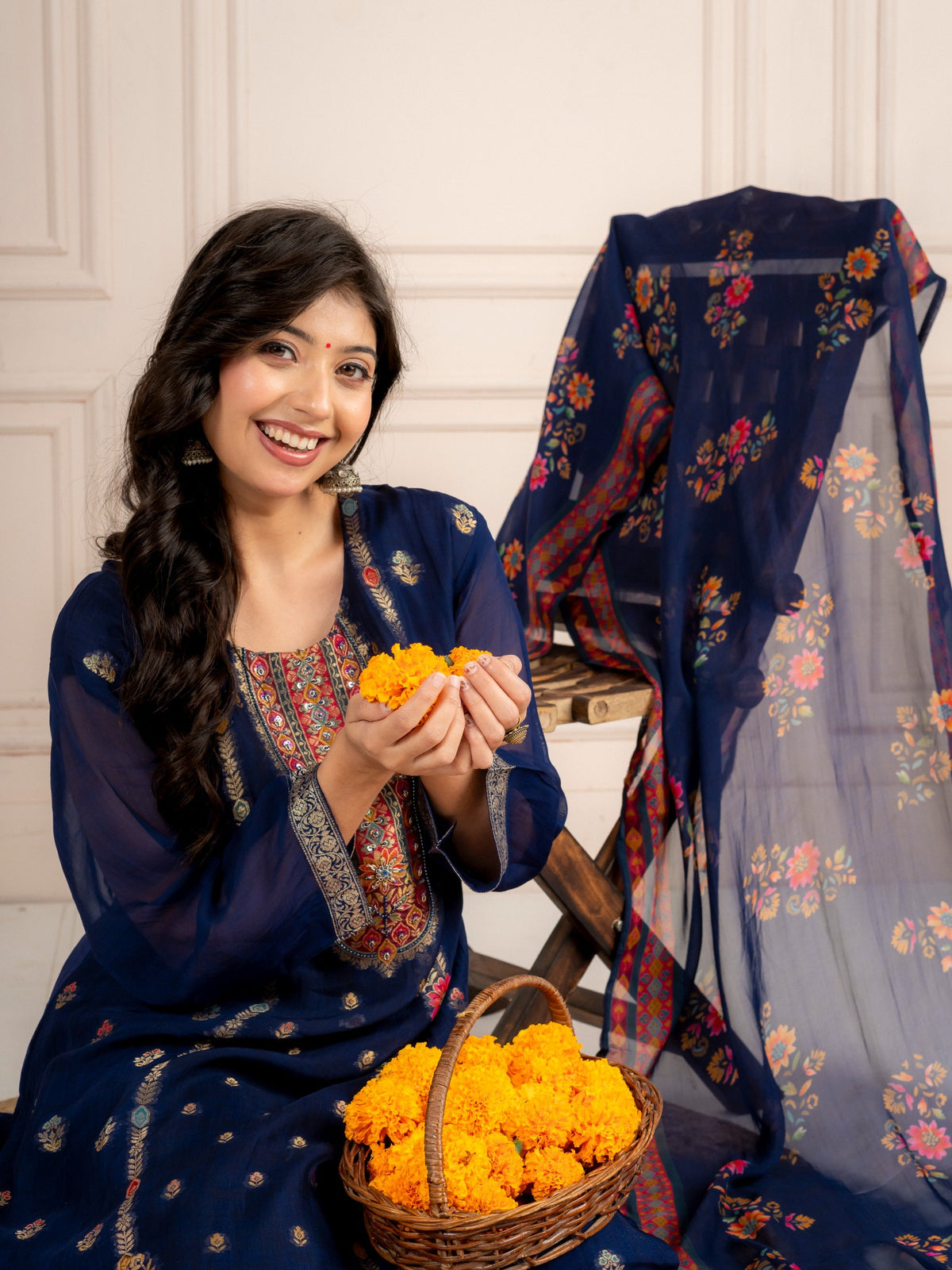 Blue Viscose Organza Printed Suit Set with Dupatta for Women