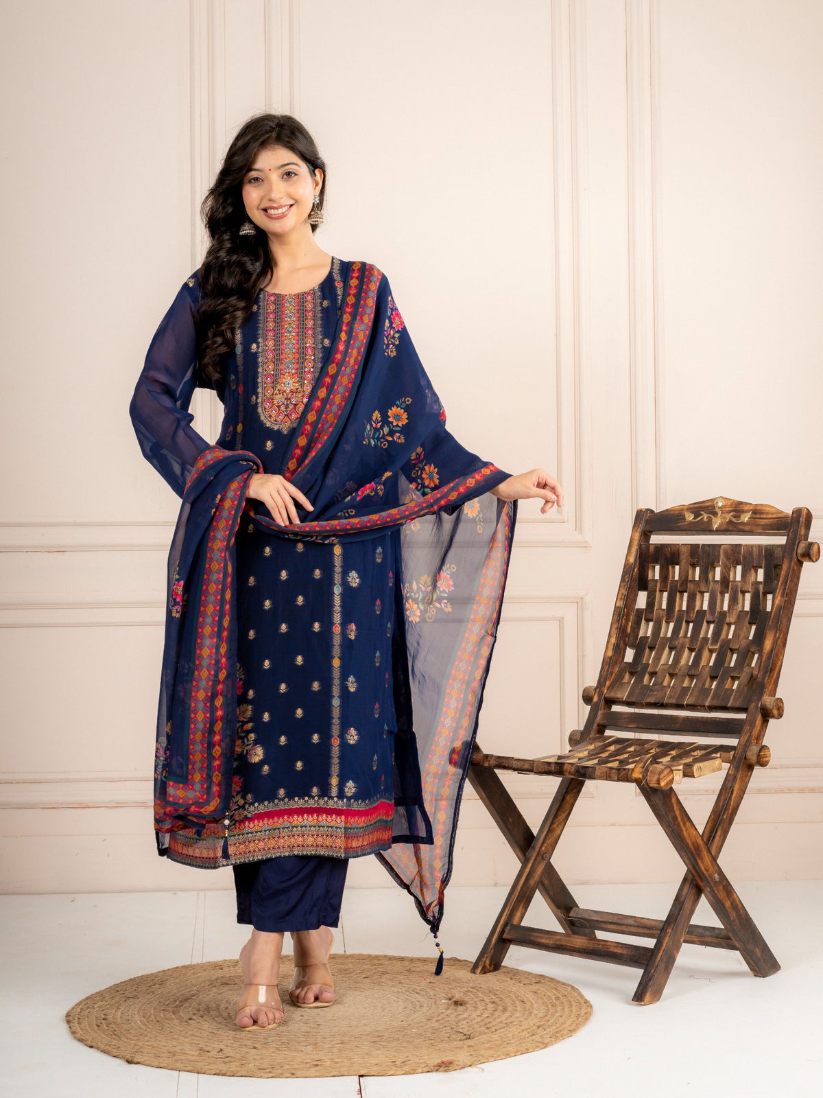 Blue Viscose Organza Printed Suit Set with Dupatta for Women