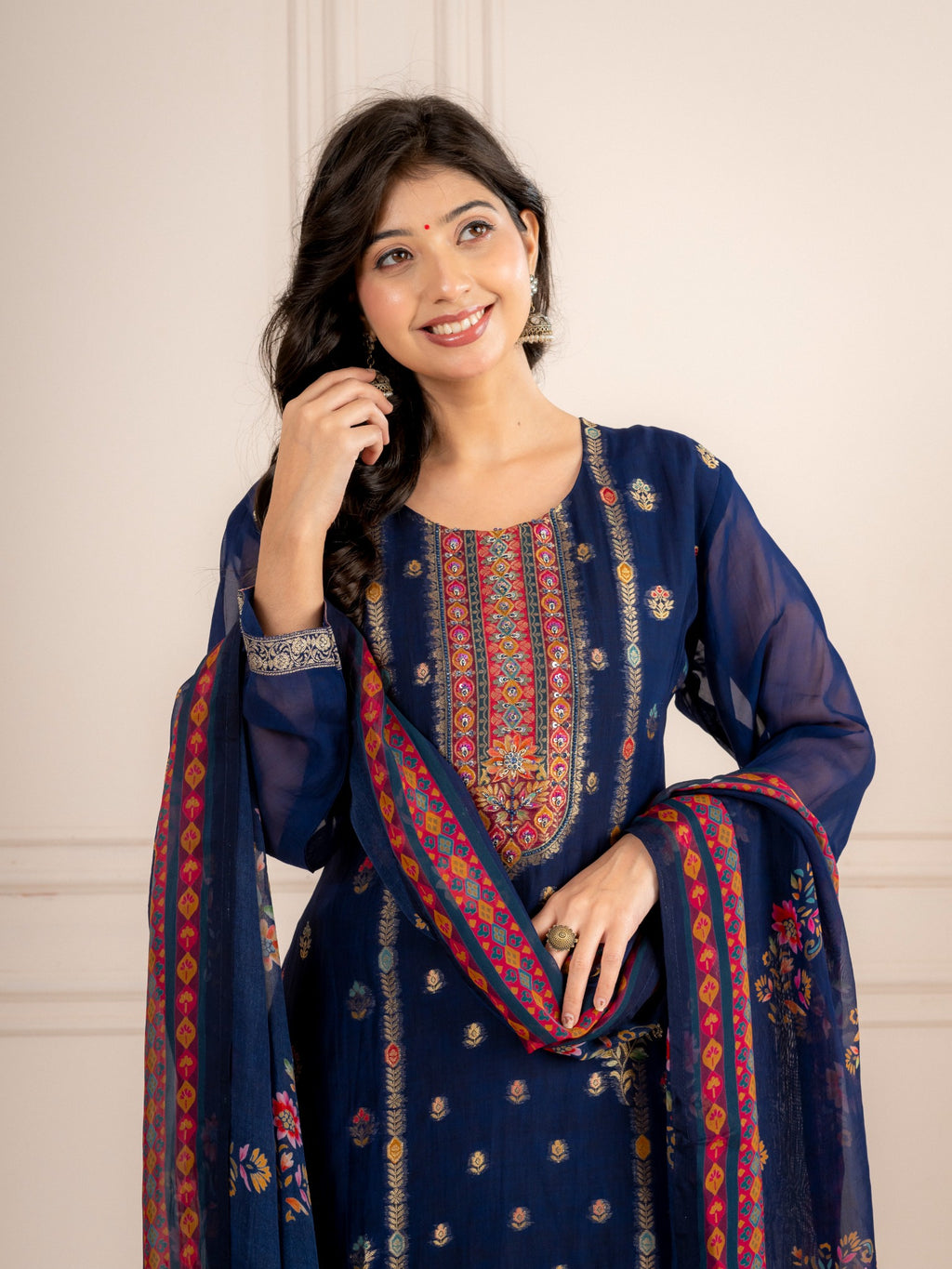 Blue Viscose Organza Printed Suit Set with Dupatta for Women