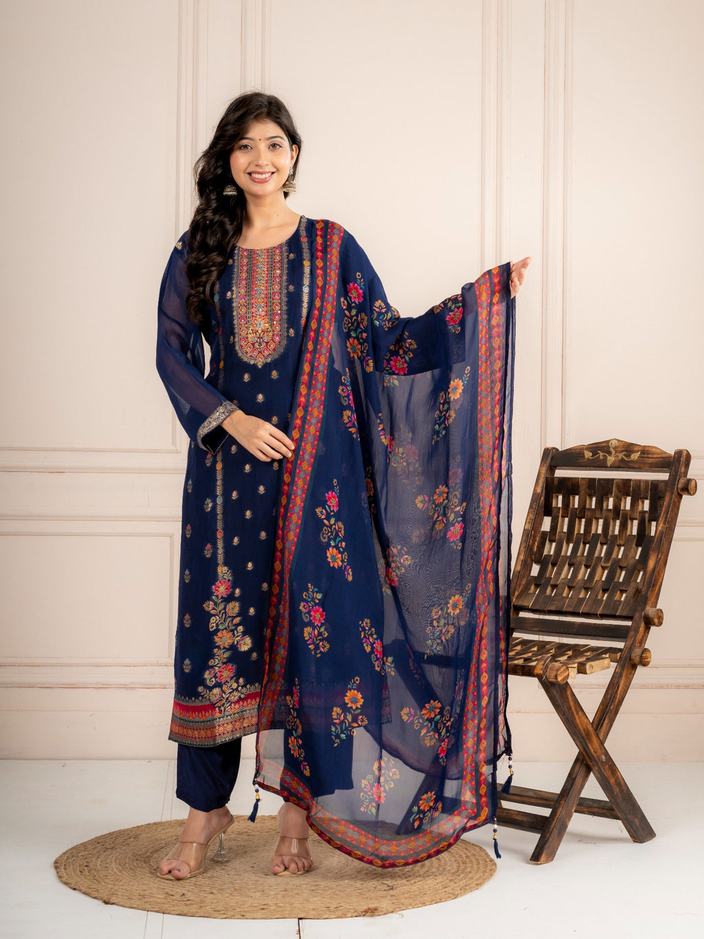 Blue Viscose Organza Printed Suit Set with Dupatta for Women