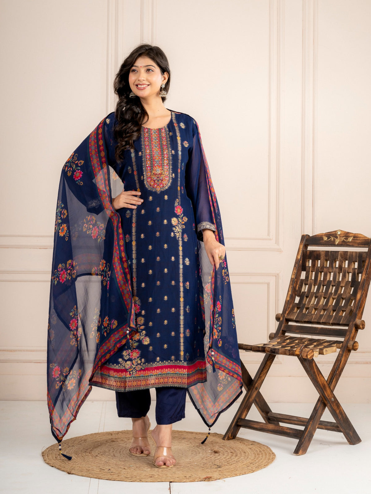 Blue Viscose Organza Printed Suit Set with Dupatta for Women