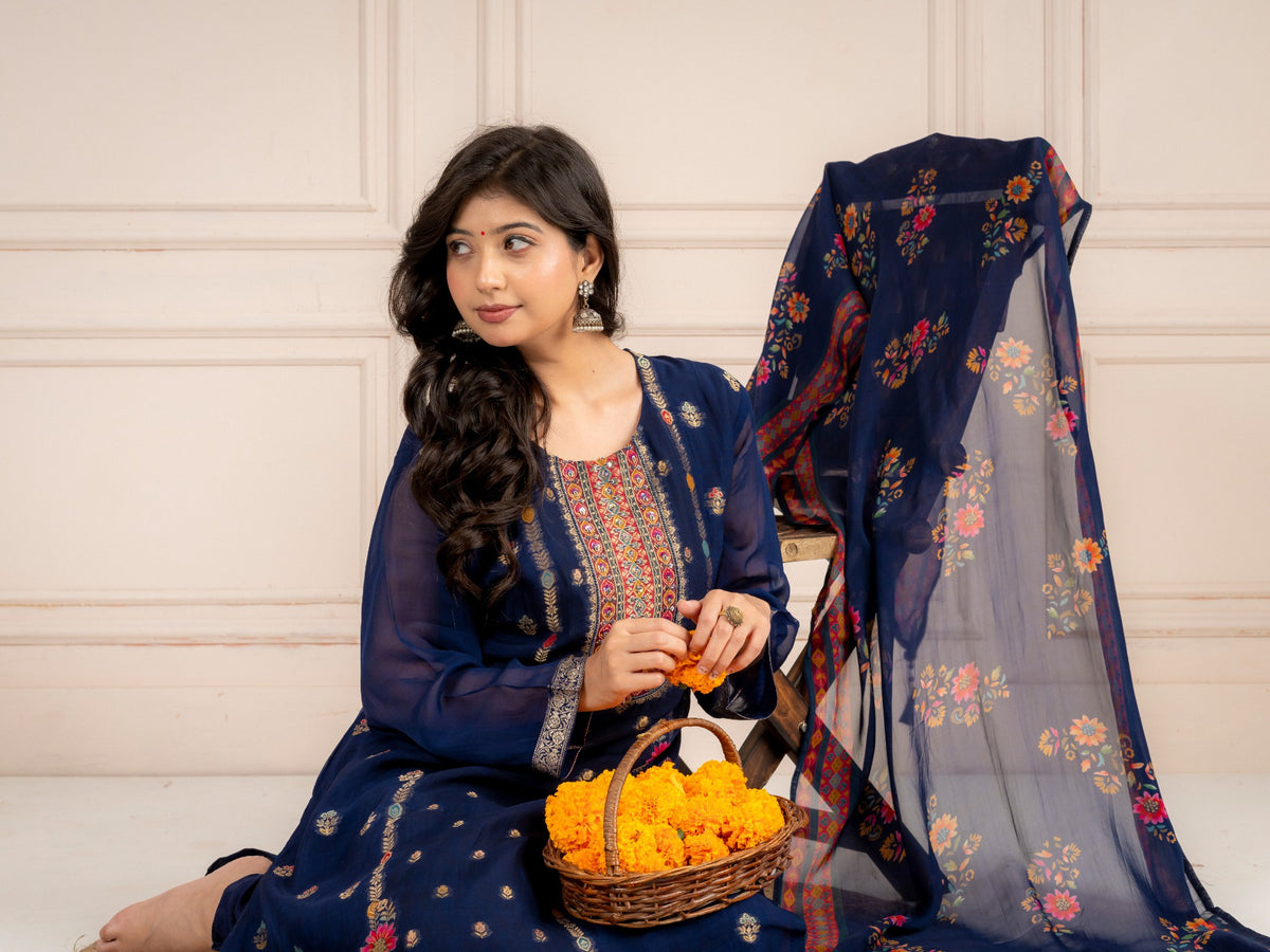 Blue Viscose Organza Printed Suit Set with Dupatta for Women