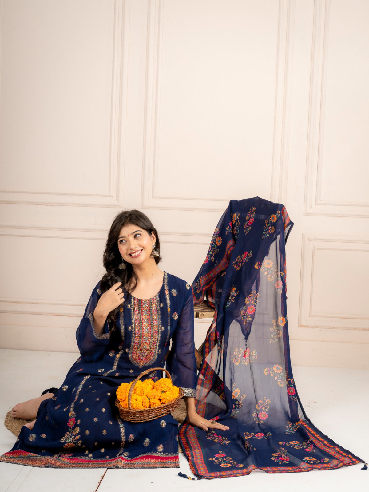 Blue Viscose Organza Printed Suit Set with Dupatta for Women