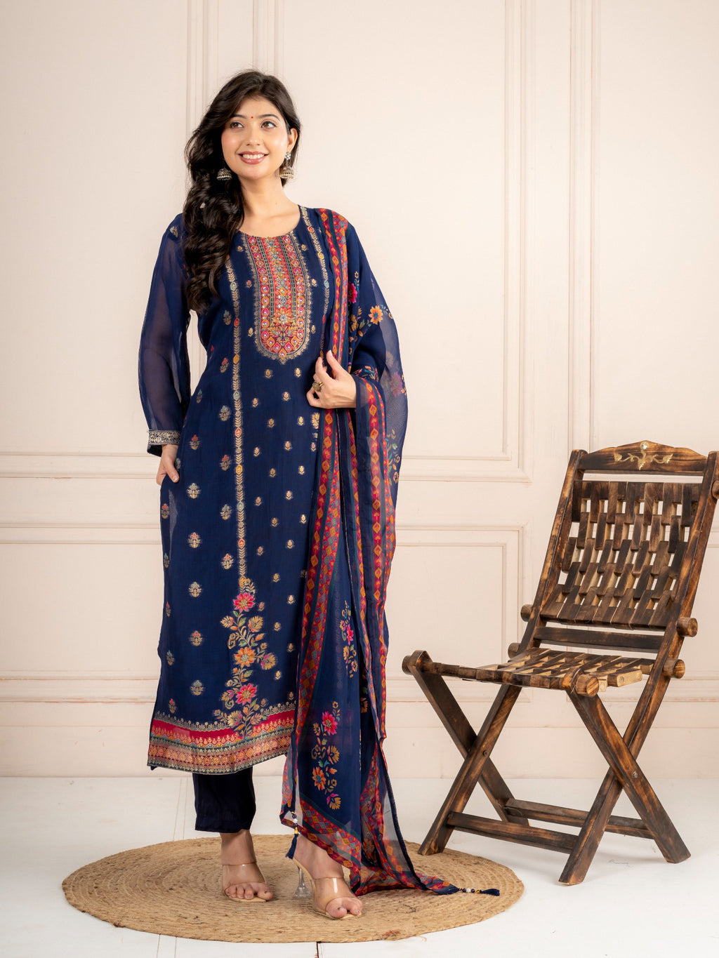 Blue Viscose Organza Printed Suit Set with Dupatta for Women