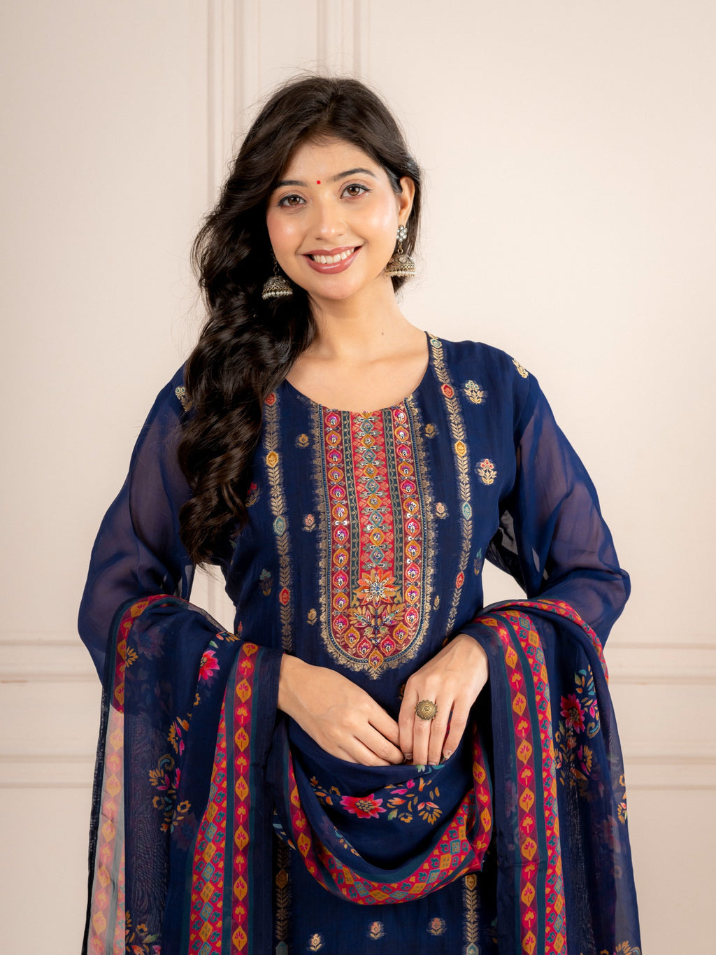 Blue Viscose Organza Printed Suit Set with Dupatta for Women