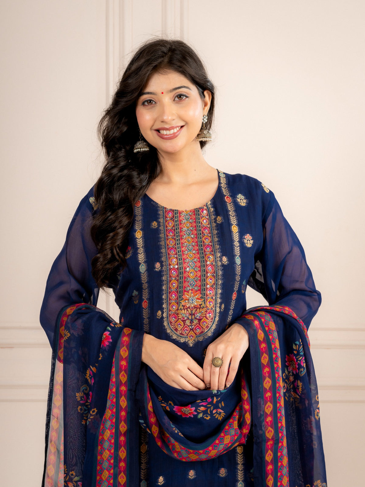 Blue Viscose Organza Printed Suit Set with Dupatta for Women