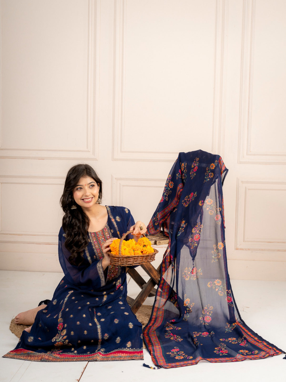 Blue Viscose Organza Printed Suit Set with Dupatta for Women