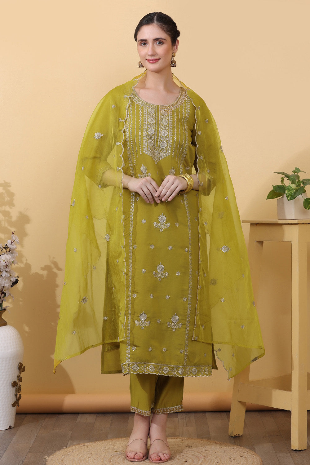 Yellow Roman Silk Embroidered Suit Set
