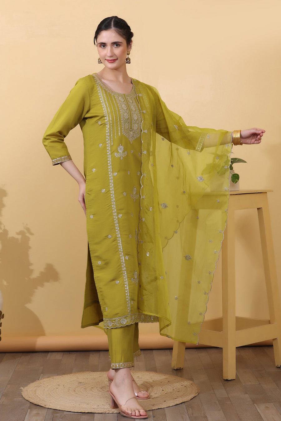 Yellow Roman Silk Embroidered Suit Set