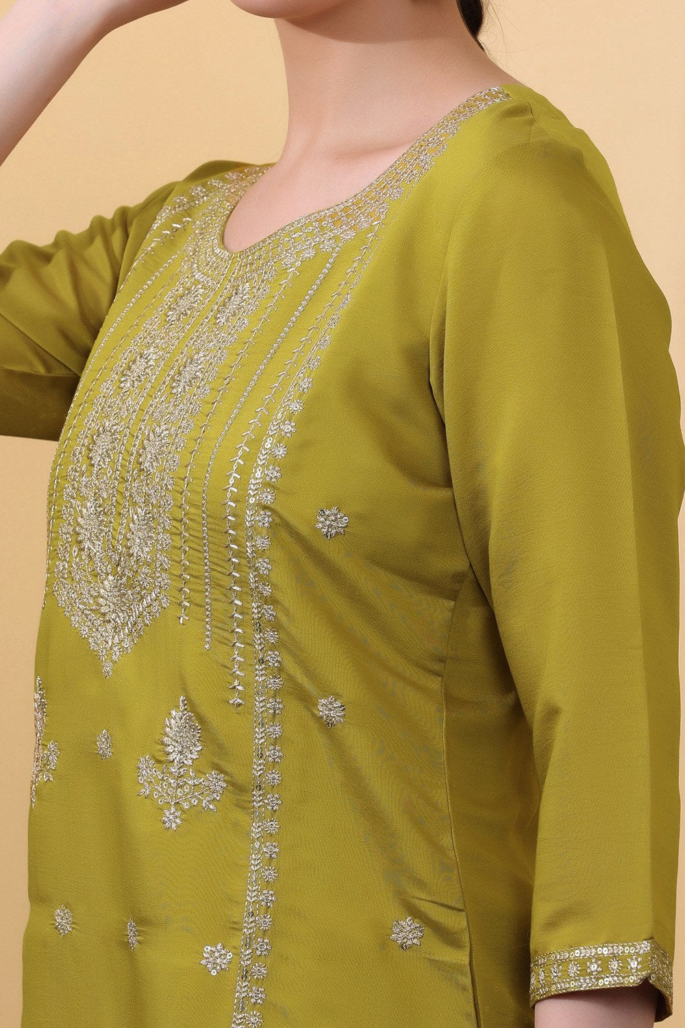 Yellow Roman Silk Embroidered Suit Set