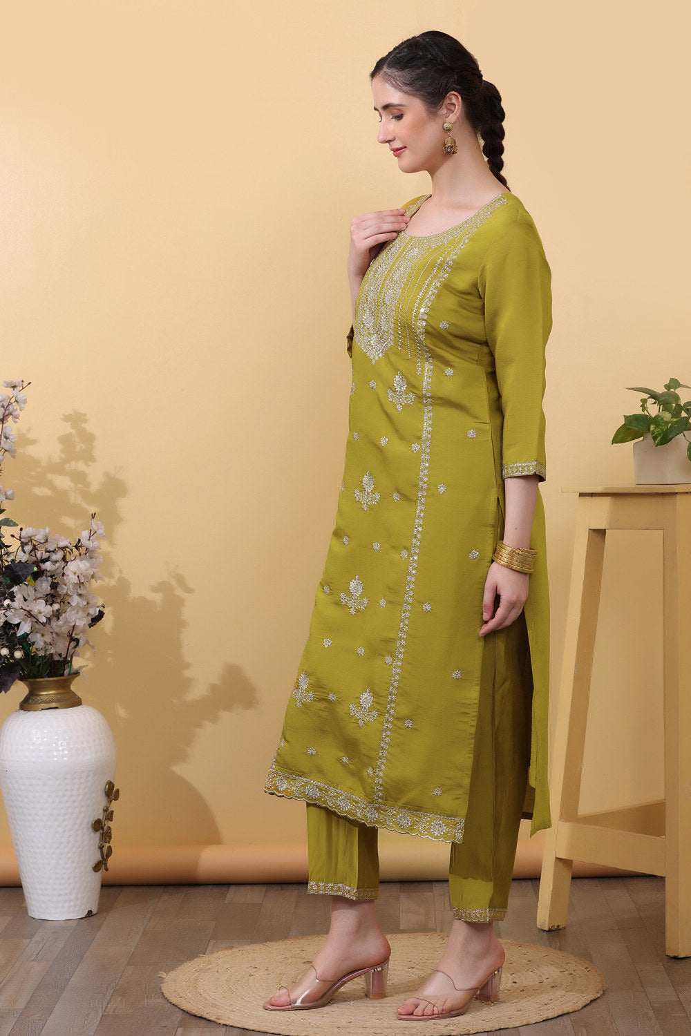 Yellow Roman Silk Embroidered Suit Set
