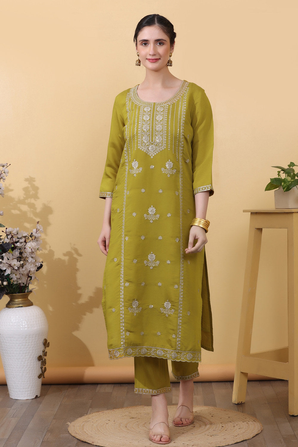 Yellow Roman Silk Embroidered Suit Set