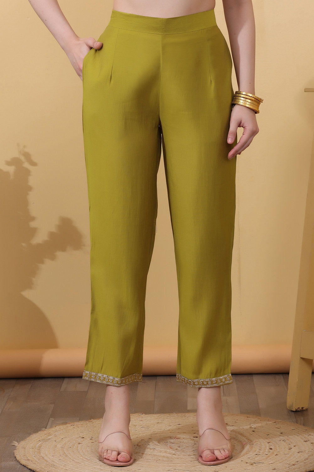 Yellow Roman Silk Embroidered Suit Set