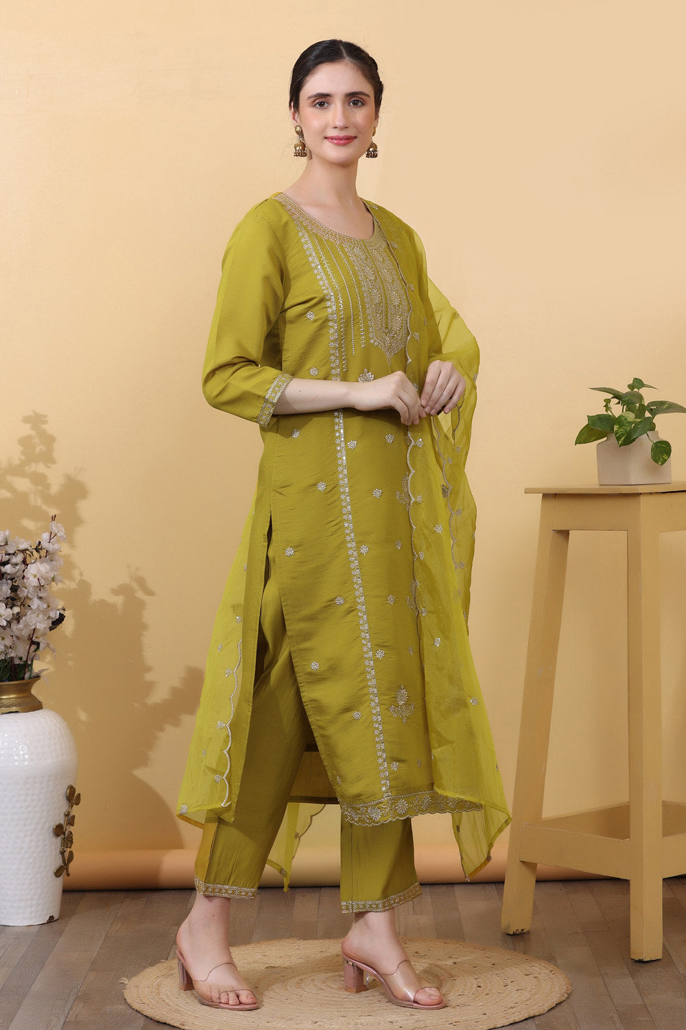 Yellow Roman Silk Embroidered Suit Set