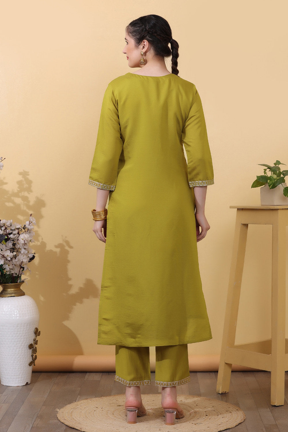 Yellow Roman Silk Embroidered Suit Set