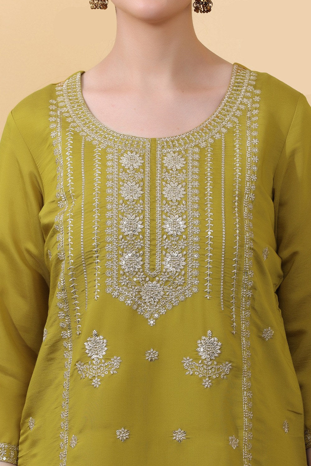 Yellow Roman Silk Embroidered Suit Set