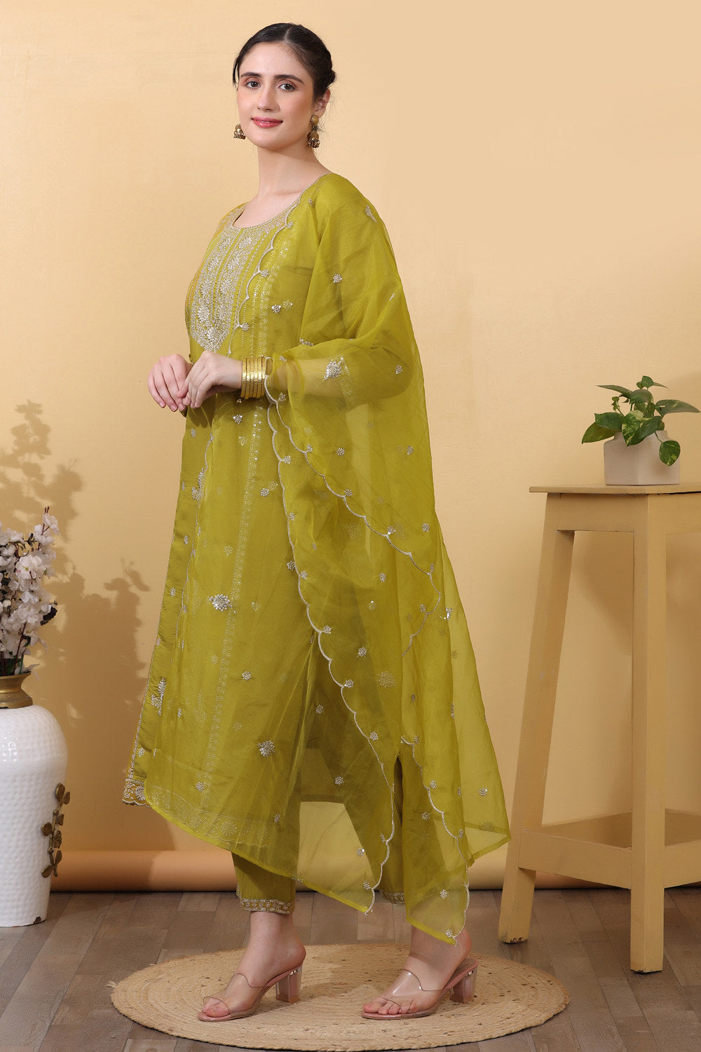 Yellow Roman Silk Embroidered Suit Set
