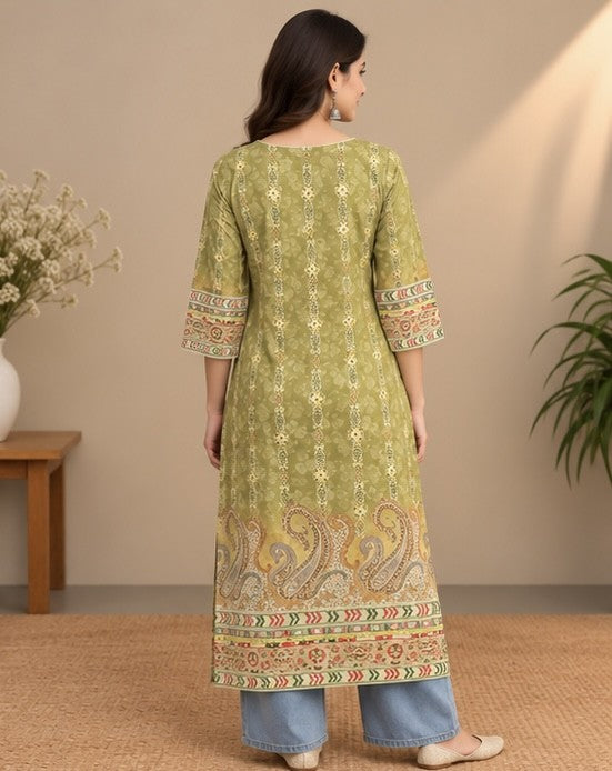 Olive Green Printed Silk Blend Kurti for Women