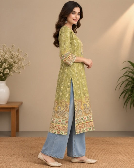 Olive Green Printed Silk Blend Kurti for Women
