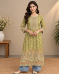 Olive Green Printed Silk Blend Kurti for Women