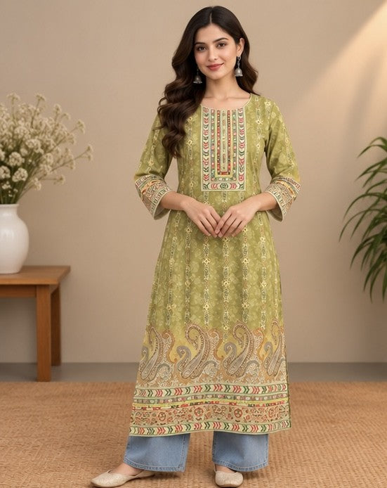 Olive Green Printed Silk Blend Kurti for Women