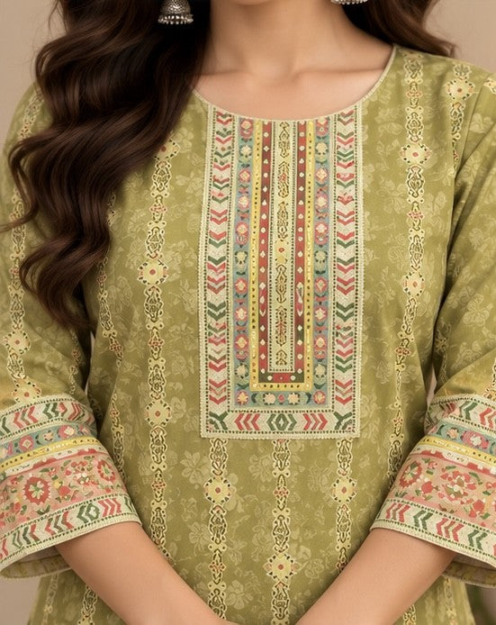 Olive Green Printed Silk Blend Kurti for Women