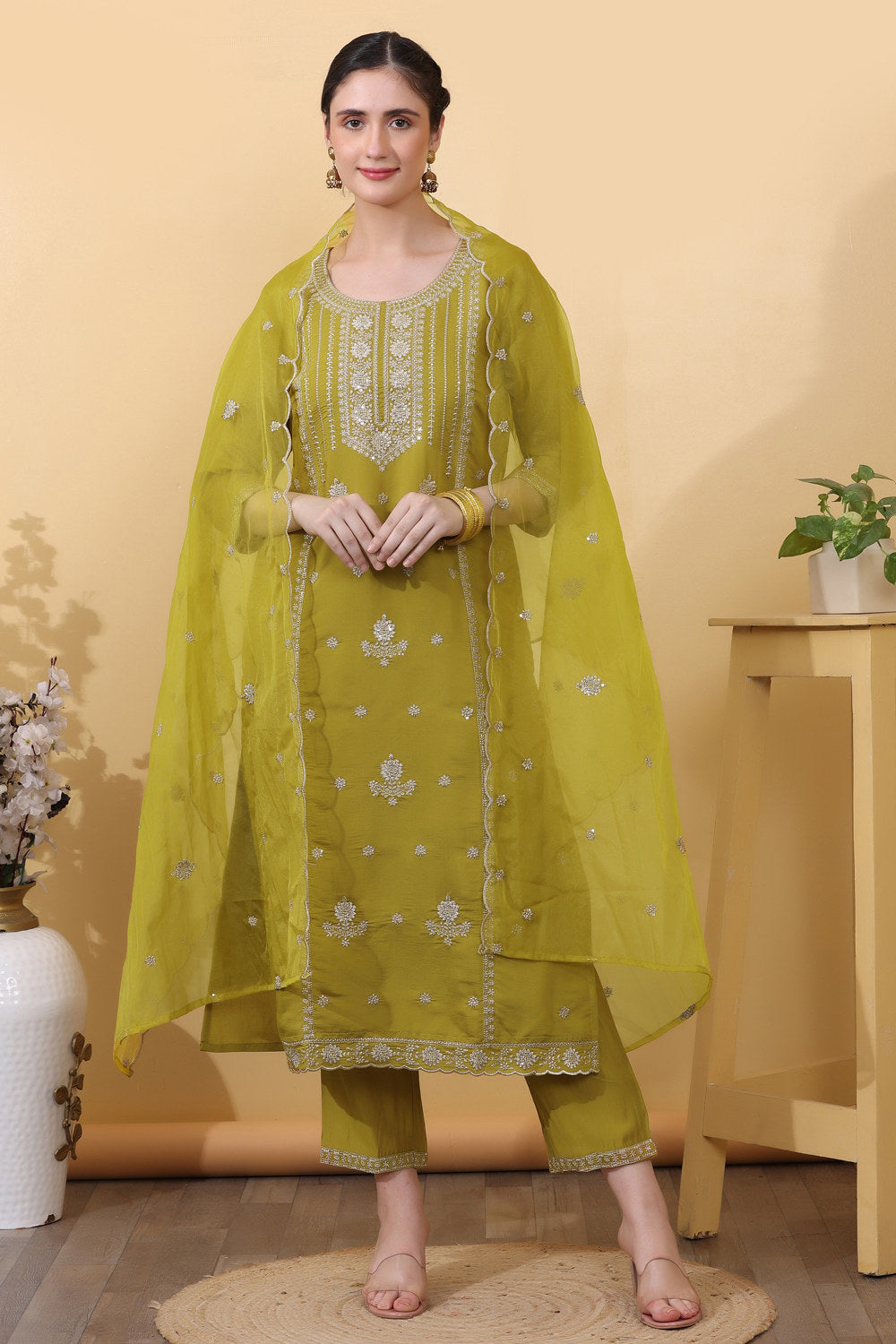Yellow Roman Silk Embroidered Suit Set