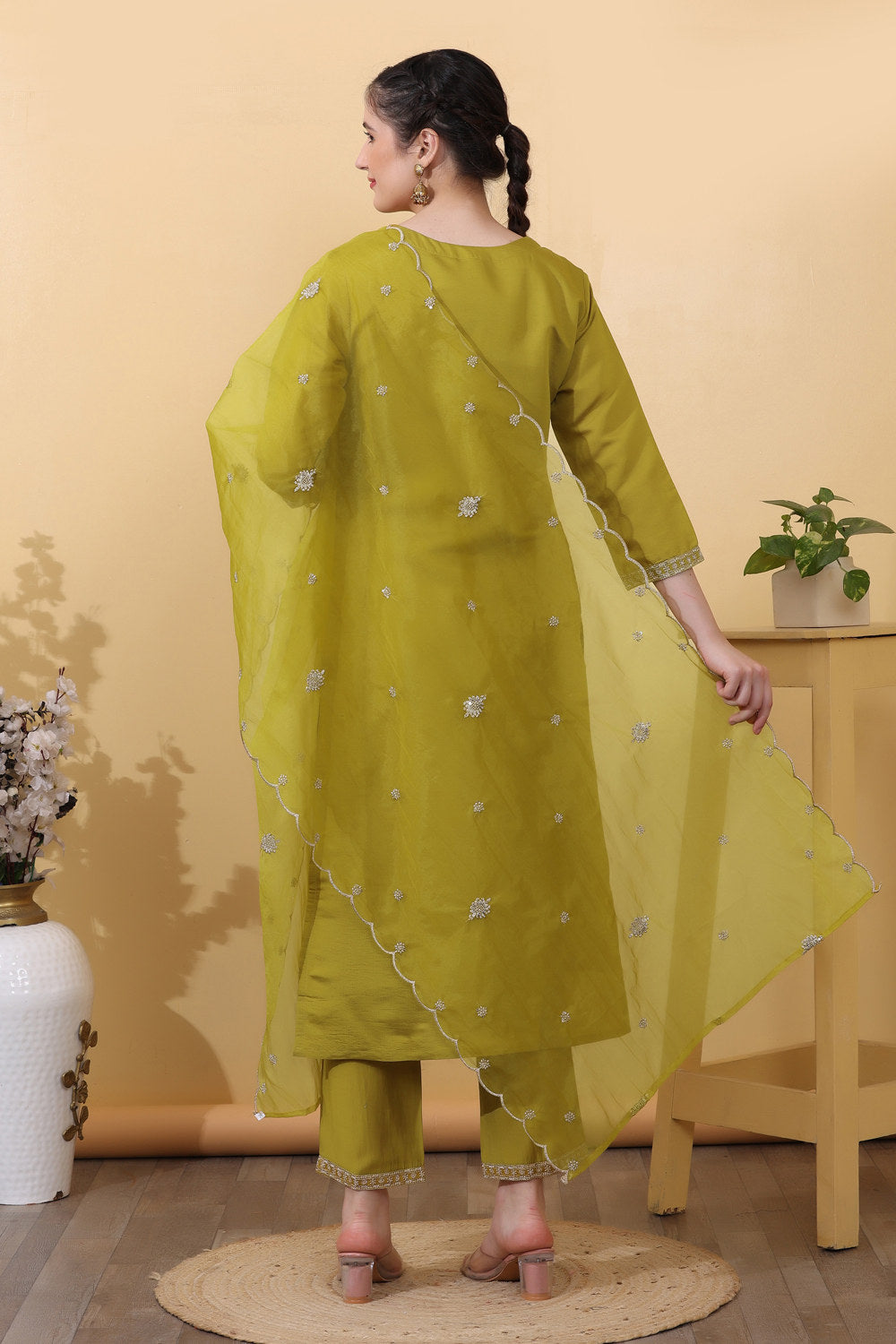 Yellow Roman Silk Embroidered Suit Set