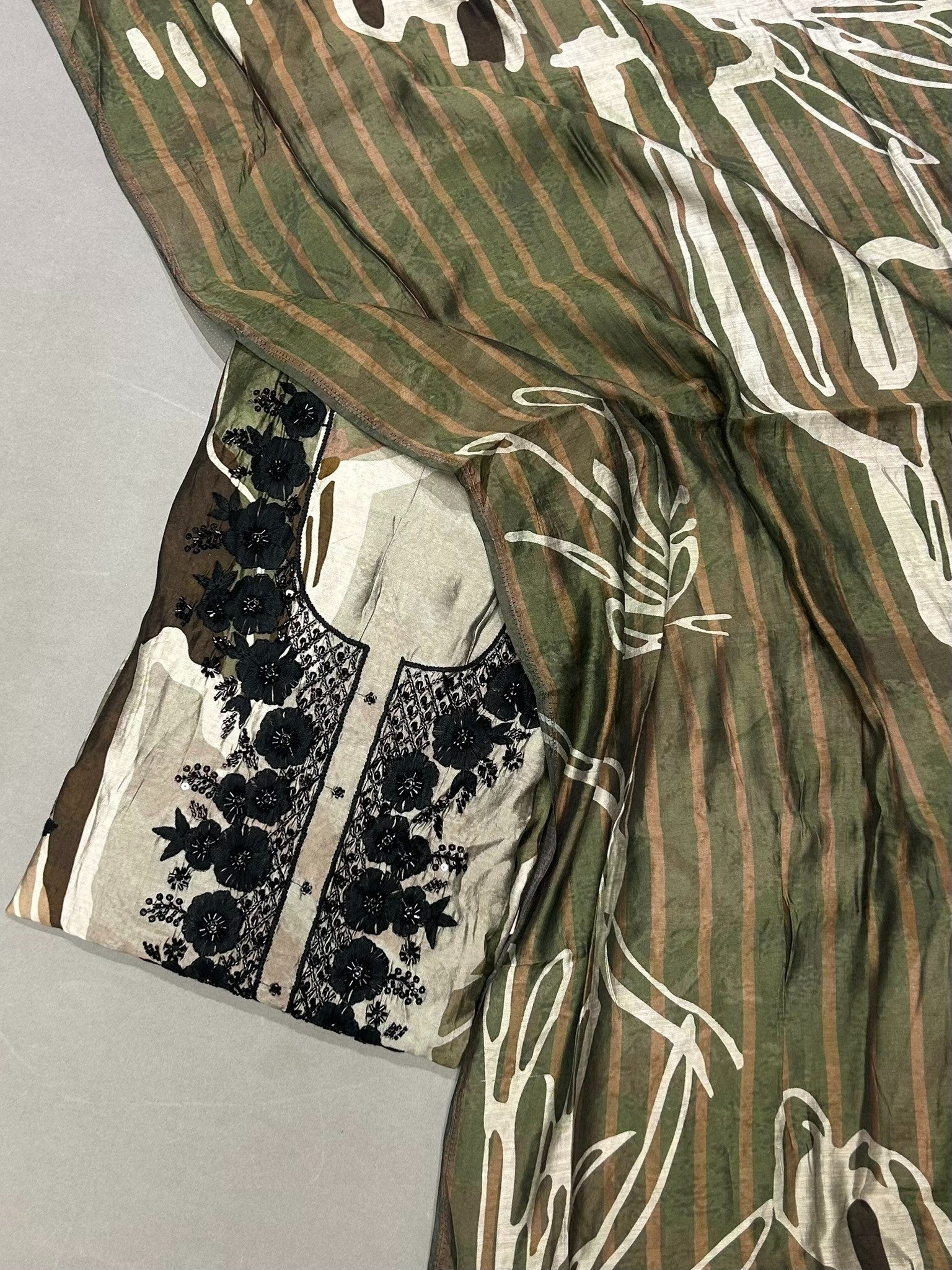 Olive Green Muslin Printed & Embroidered Unstitched Suit Material