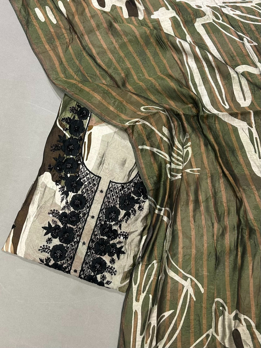 Olive Green Muslin Printed & Embroidered Unstitched Suit Material