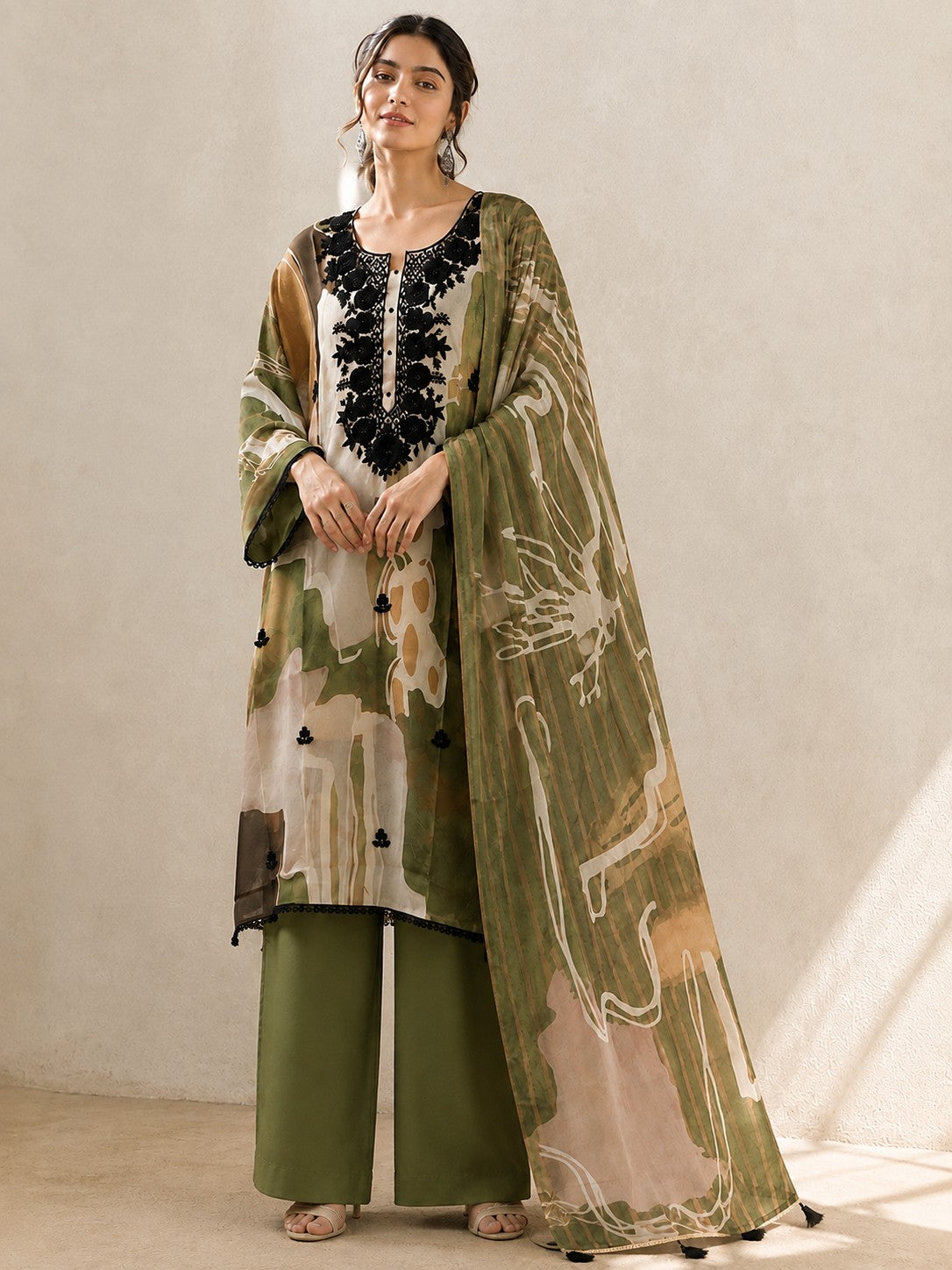 Olive Green Muslin Printed & Embroidered Unstitched Suit Material