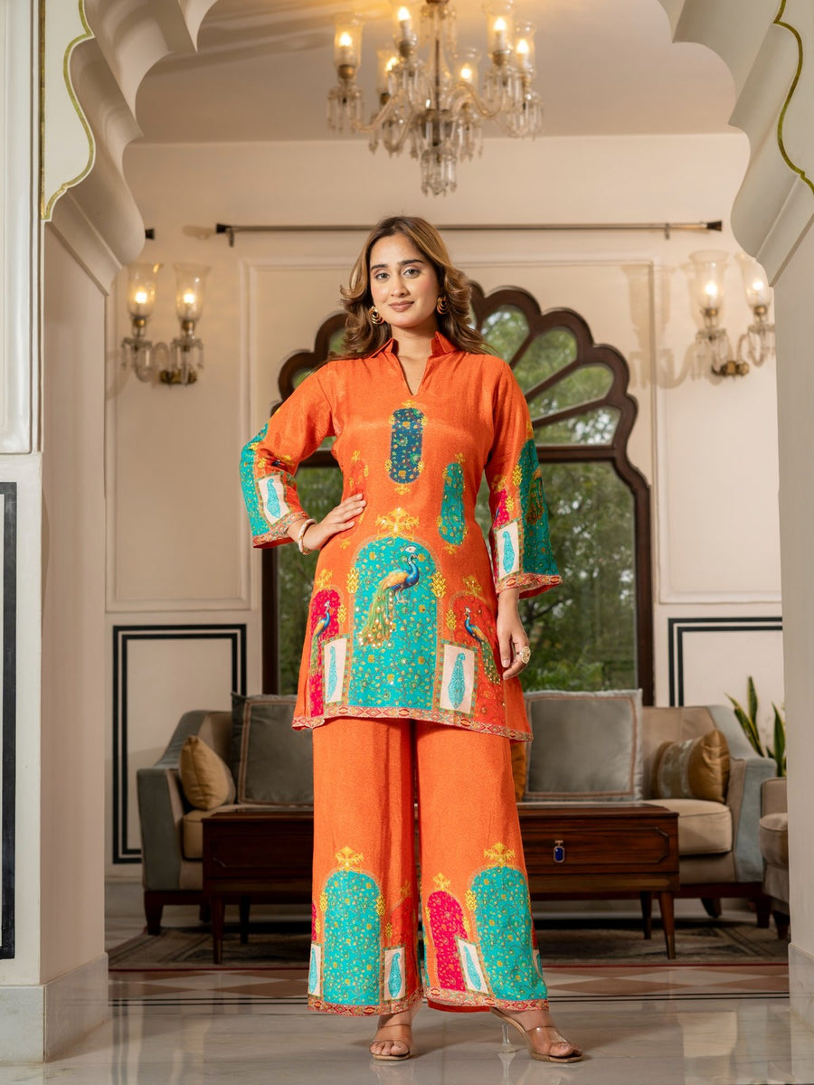 Orange Peacock Print Co-Ord Set for Women | Premium Ethnic Kurta & Palazzo Set HSDAACSKN000002