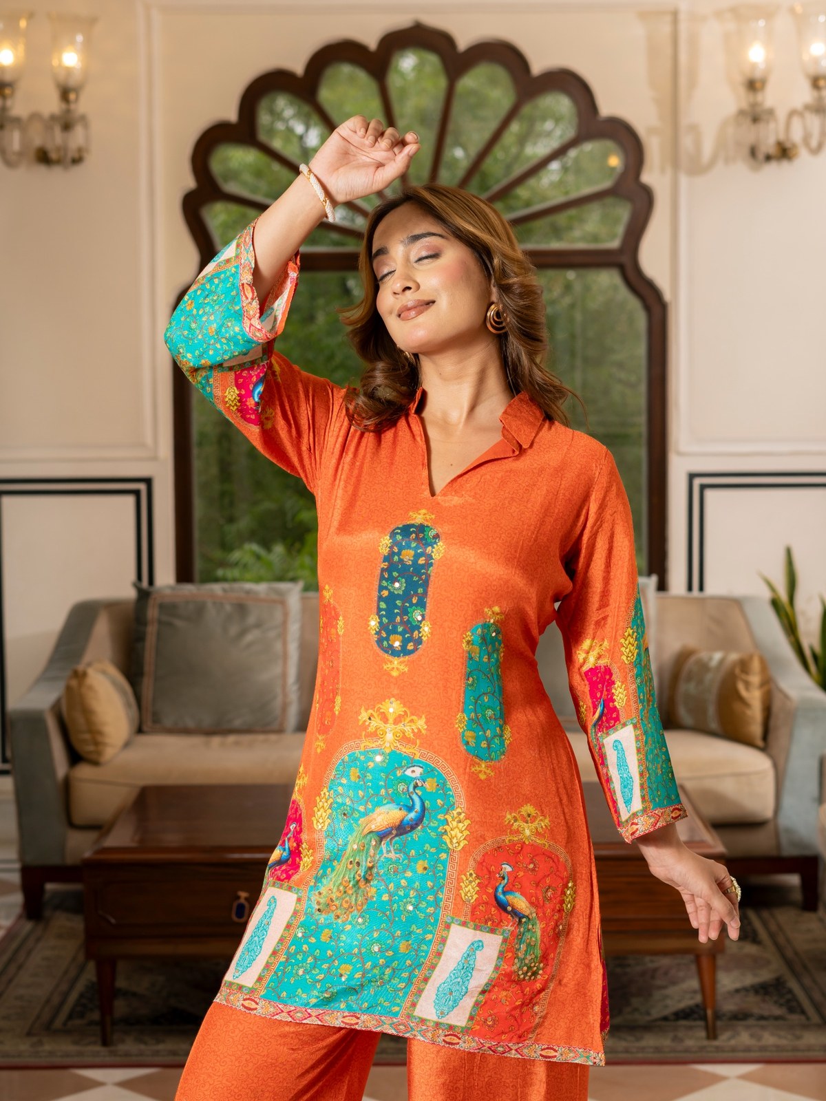Orange Peacock Print Co-Ord Set for Women | Premium Ethnic Kurta & Palazzo Set HSDAACSKN000002
