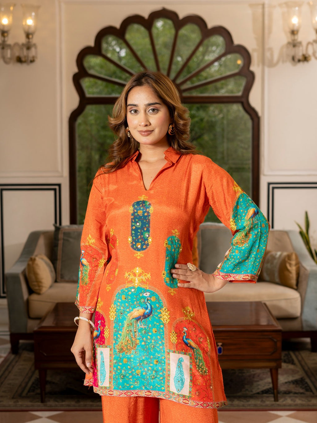 Orange Peacock Print Co-Ord Set for Women | Premium Ethnic Kurta & Palazzo Set HSDAACSKN000002