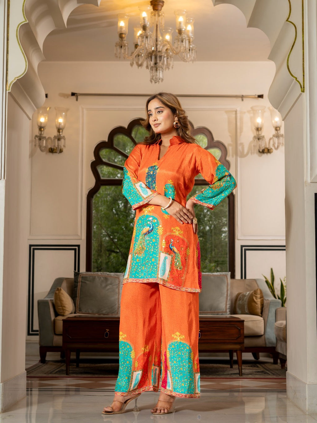 Orange Peacock Print Co-Ord Set for Women | Premium Ethnic Kurta & Palazzo Set HSDAACSKN000002