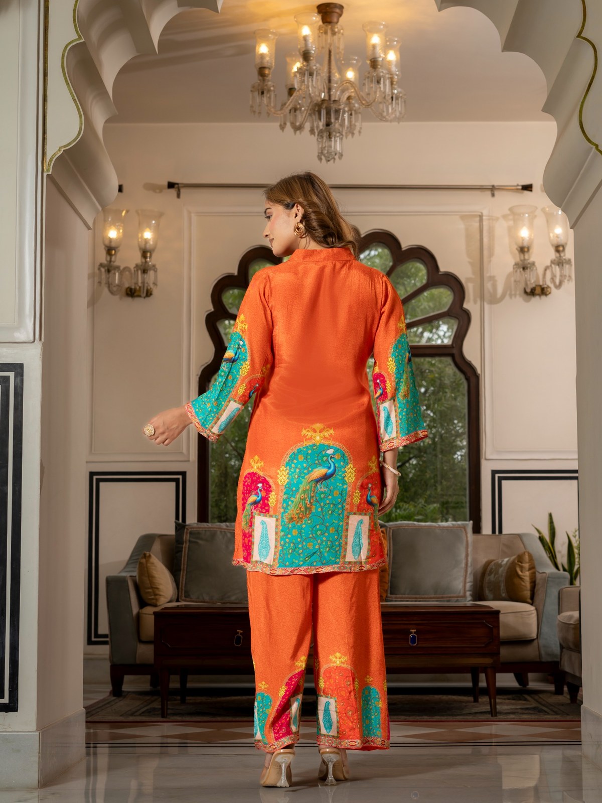 Orange Peacock Print Co-Ord Set for Women | Premium Ethnic Kurta & Palazzo Set HSDAACSKN000002